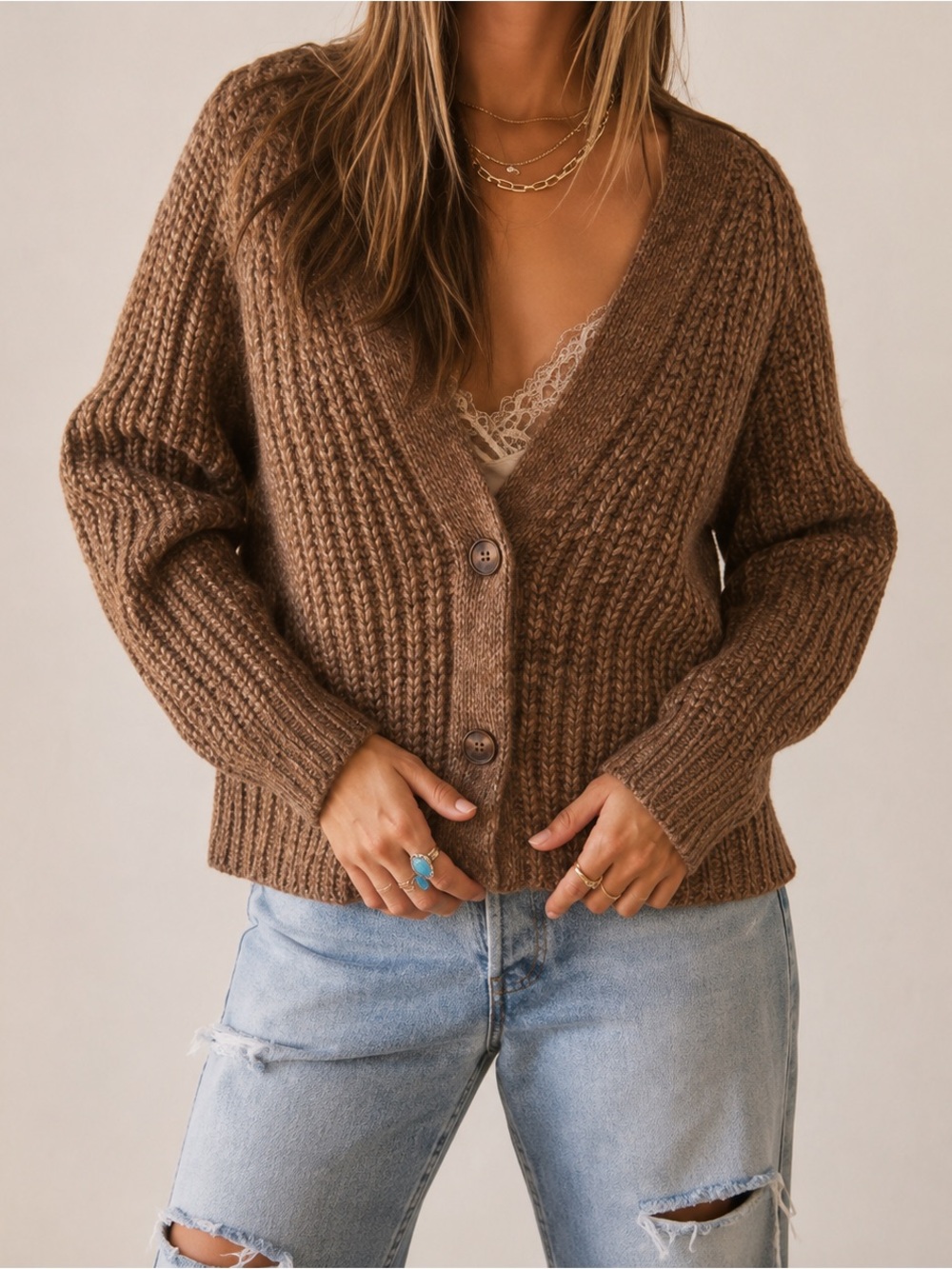 Lucky Brand Brown Chunky Knit V-Neck Cardigan Sweater Small